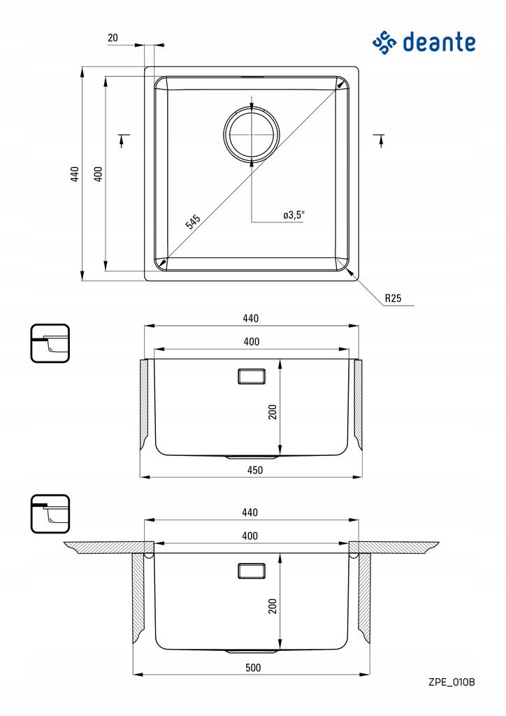 Einkammer-Edelstahlspüle 44x44cm Einbauspüle gebürstetes Chrom 2. Wahl