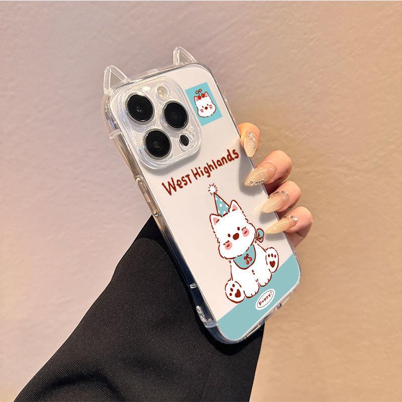 Cherry Turnaround West Highland Cat Ears Transparent Case for Apple iPhone 13, 14, 15 Pro, and 17 Pro Max