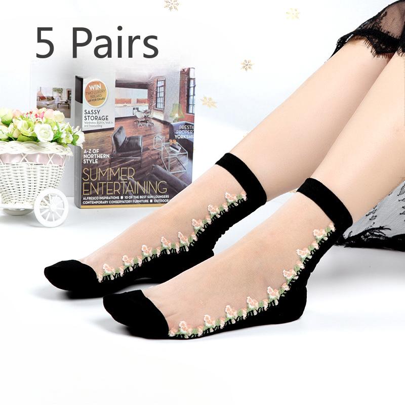 5 Paar Damen Frühling und Sommer Dünne Blume Anti Seide Klare Baumwollsohlen In der Röhre Socken