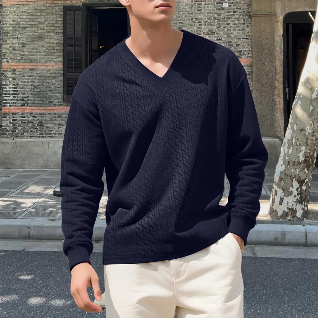 Spring Autumn Soild Color Jacquard V Neck Sweatshirt Knit Pullover Men's Casual Sweatshirts Long Sleeved Tops Sportwear