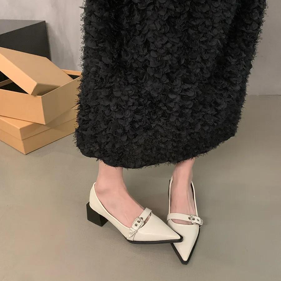 Fashion 2024 New Summer Women's Dress Shoes Patent Leather Slip On Pointed Toe Sandals Buckle Slingbacks Mid Heels Pumps Sandalias Mujer