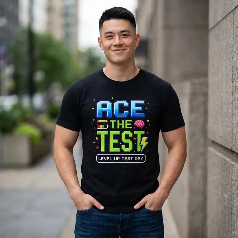 Ace The Test Pixel Gamer Style Level Up T- Shirt; Test Day Motivation Tee 4XL