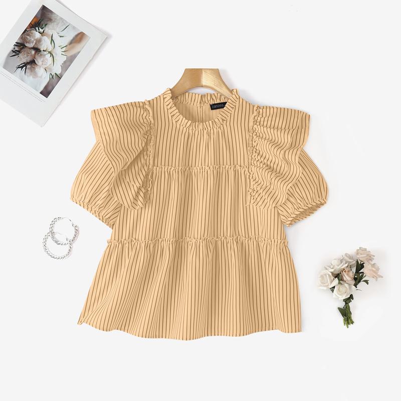 

ZANZEA Женская летняя повседневная блузка в полоску с круглым вырезом и коротким рукавом 3XL жёлтый