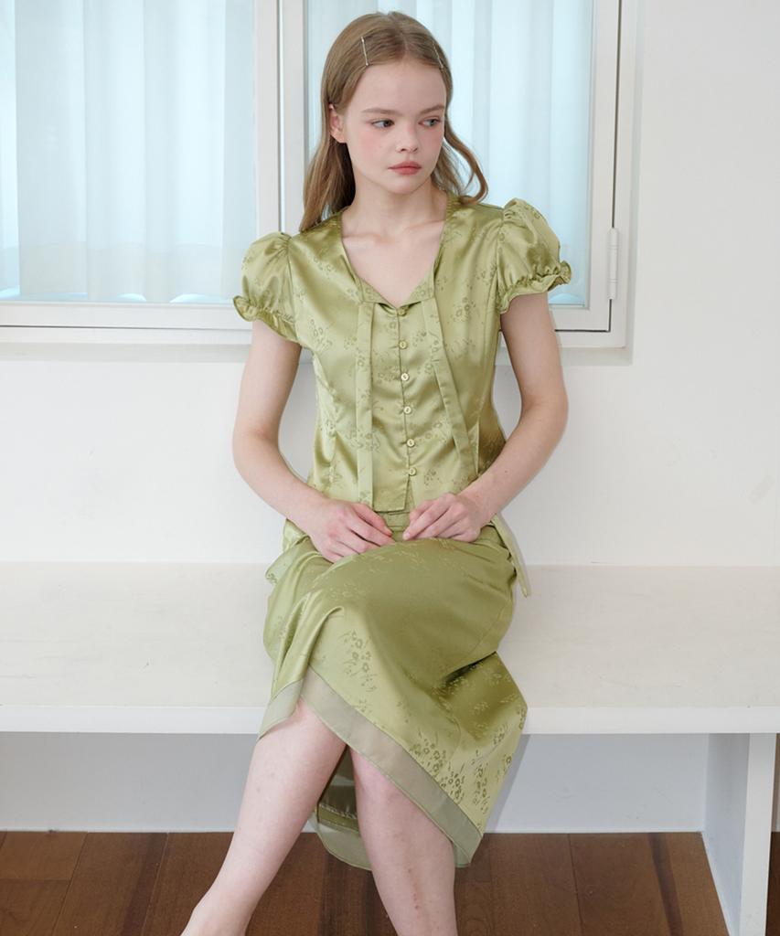 OPENING SUNSHINE Set - Satin Jacquard Tie Blouse + H Midi Skirt Olive