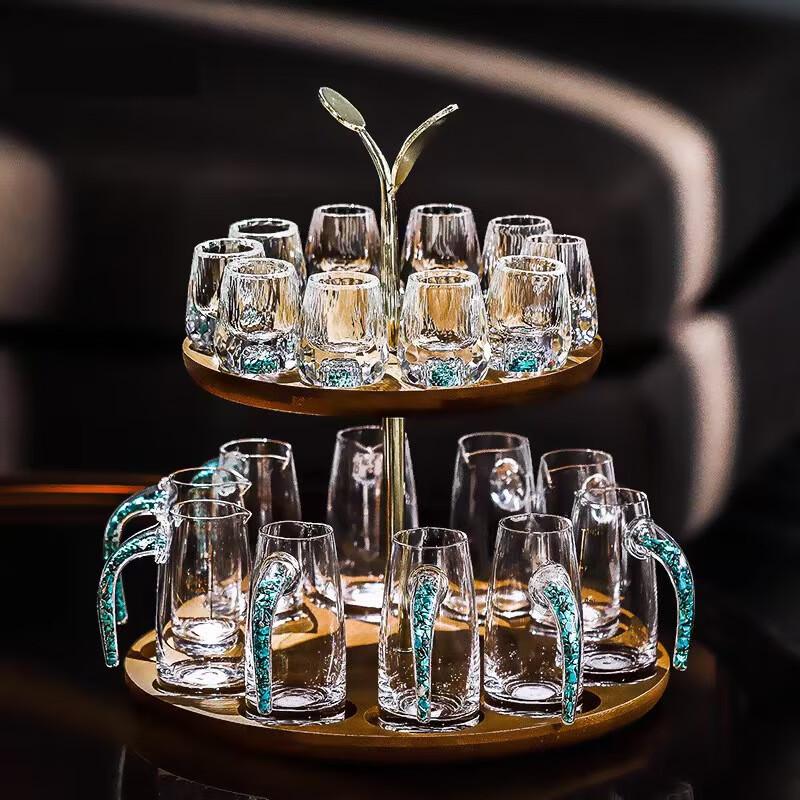 Turquoise Glass Baijiu Decanter and Cup Set with Wood Tray