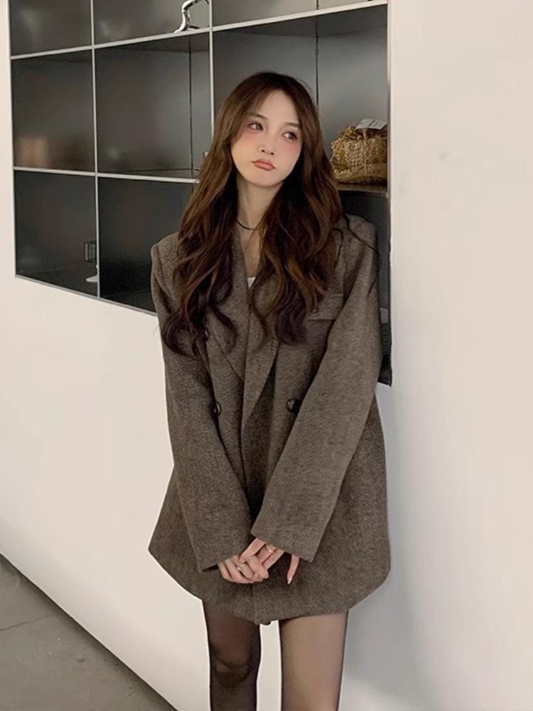 New Korean Chic Elegant Reversible Cashmere Coat Women Autumn Winter Loose Woolen Blazer Jackets Short Streetwear Clothes