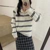 Lapel Color Matching Striped Pullover Sweater Women's Autumn and Winter New Loose and Versatile Knitted Sweater Top