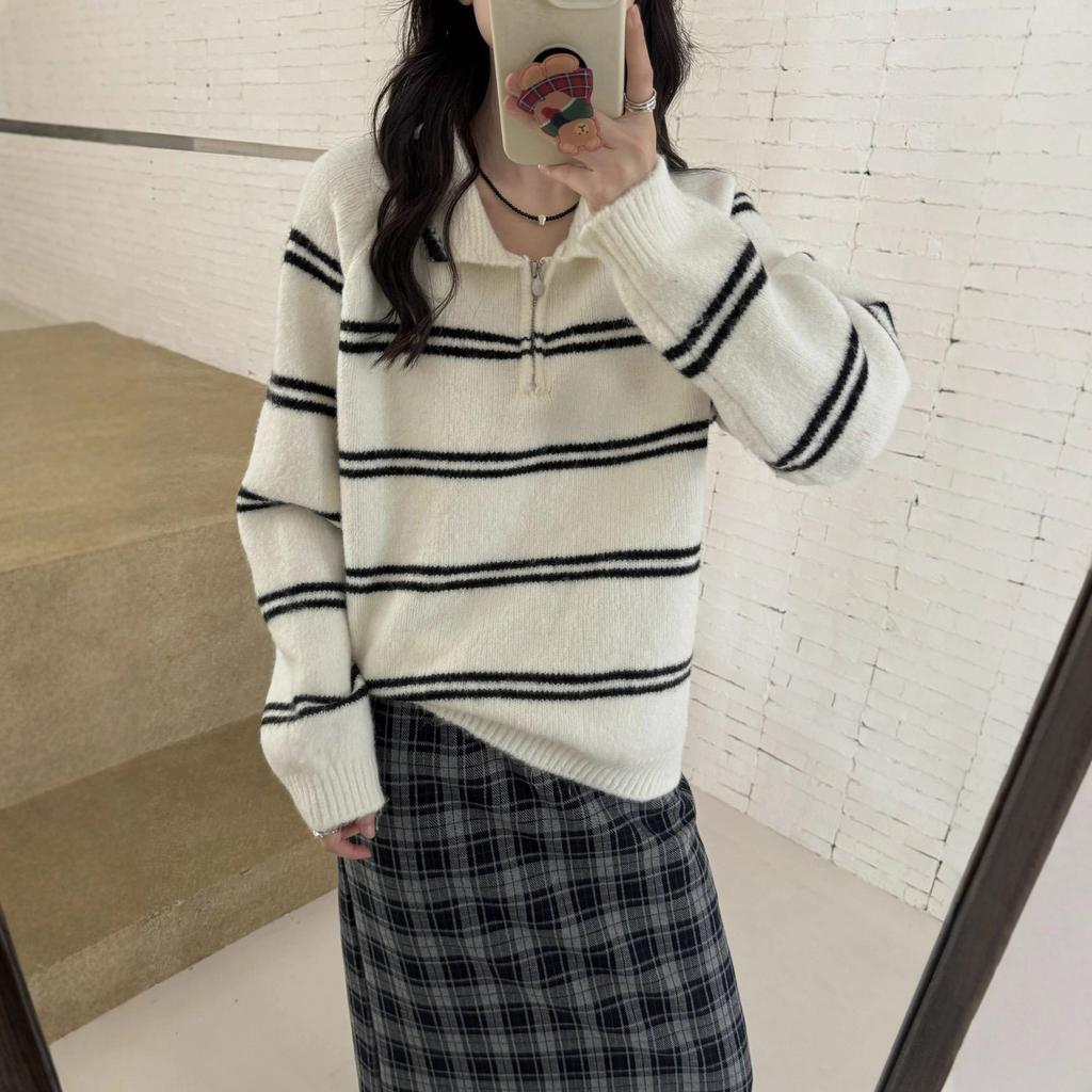 Lapel Color Matching Striped Pullover Sweater Women's Autumn and Winter New Loose and Versatile Knitted Sweater Top