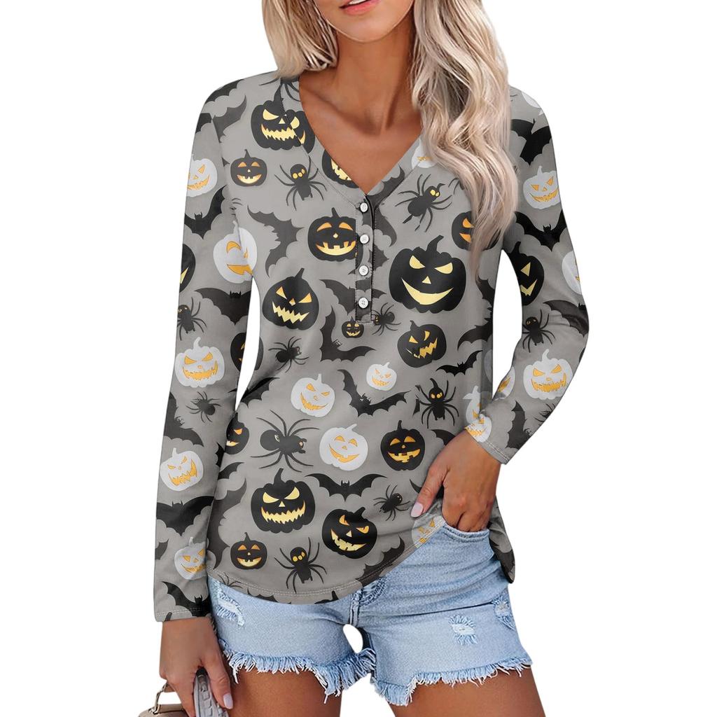 Women's Casual Fashion Sexy Comfort Halloween Printed V-Neck Button Long Sleeve