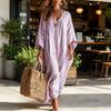 Women's Summer Striped Maxi Dress, Loose Fit V-Neck 3/4 Sleeve Boho Long Dress, Casual Flowy Beach Vacation Sundress
