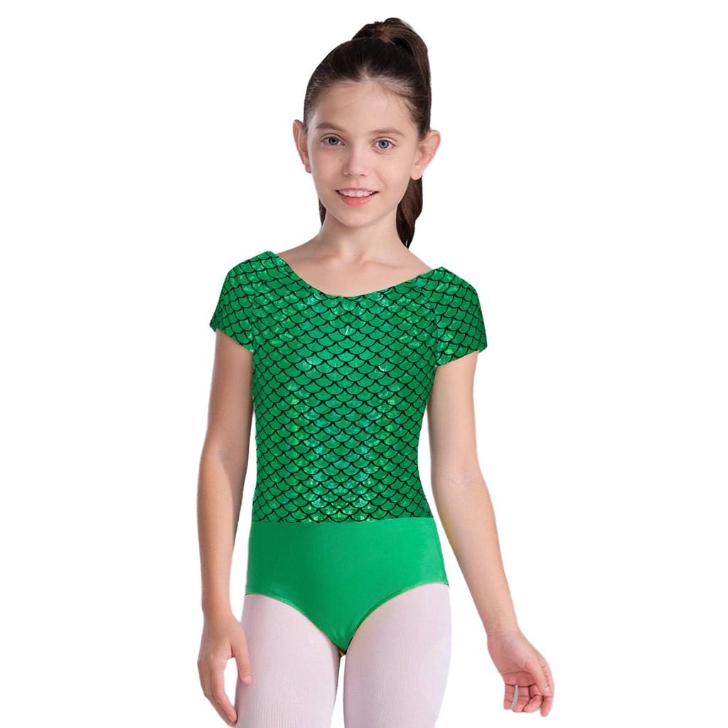 Girls Metallic Fish Scale Print Leotard Short Sleeve Bowknot Cutout Back Ballet Gymnastics Bodysuit