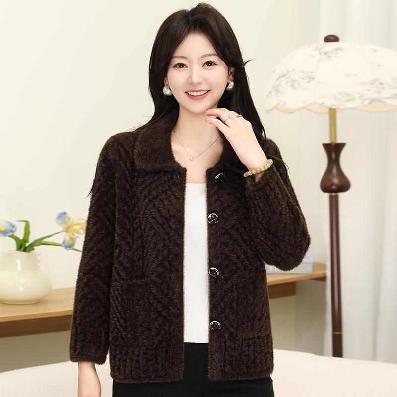 Faux Mink Button Knit Lapel Cardigan: Stylish, Warm Autumn/Winter Sweater for Women.