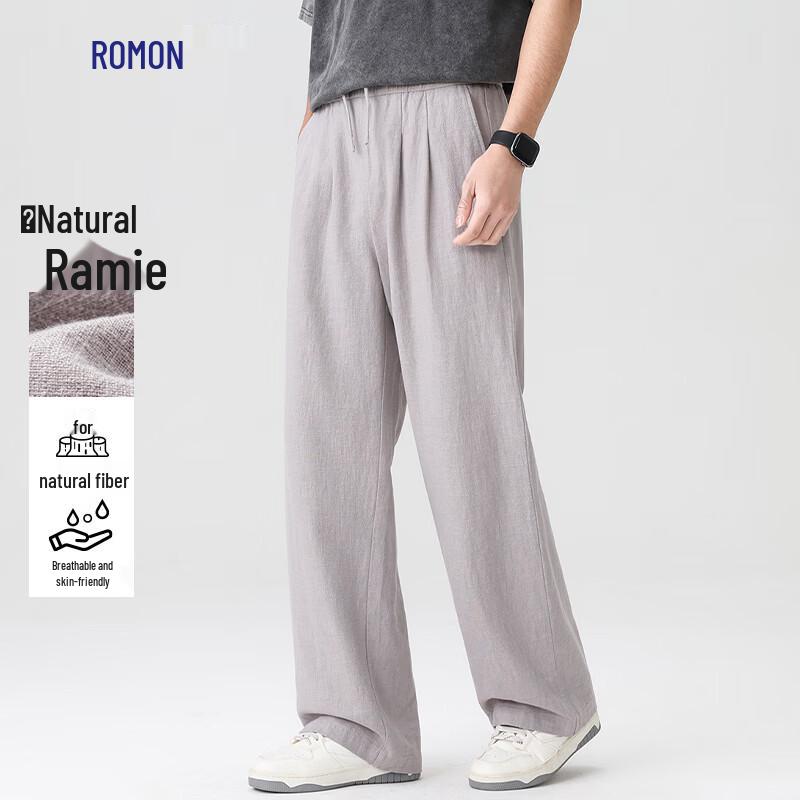 ROMON Unisex Cotton Linen Ramie Blend Loose Straight Leg Pants
