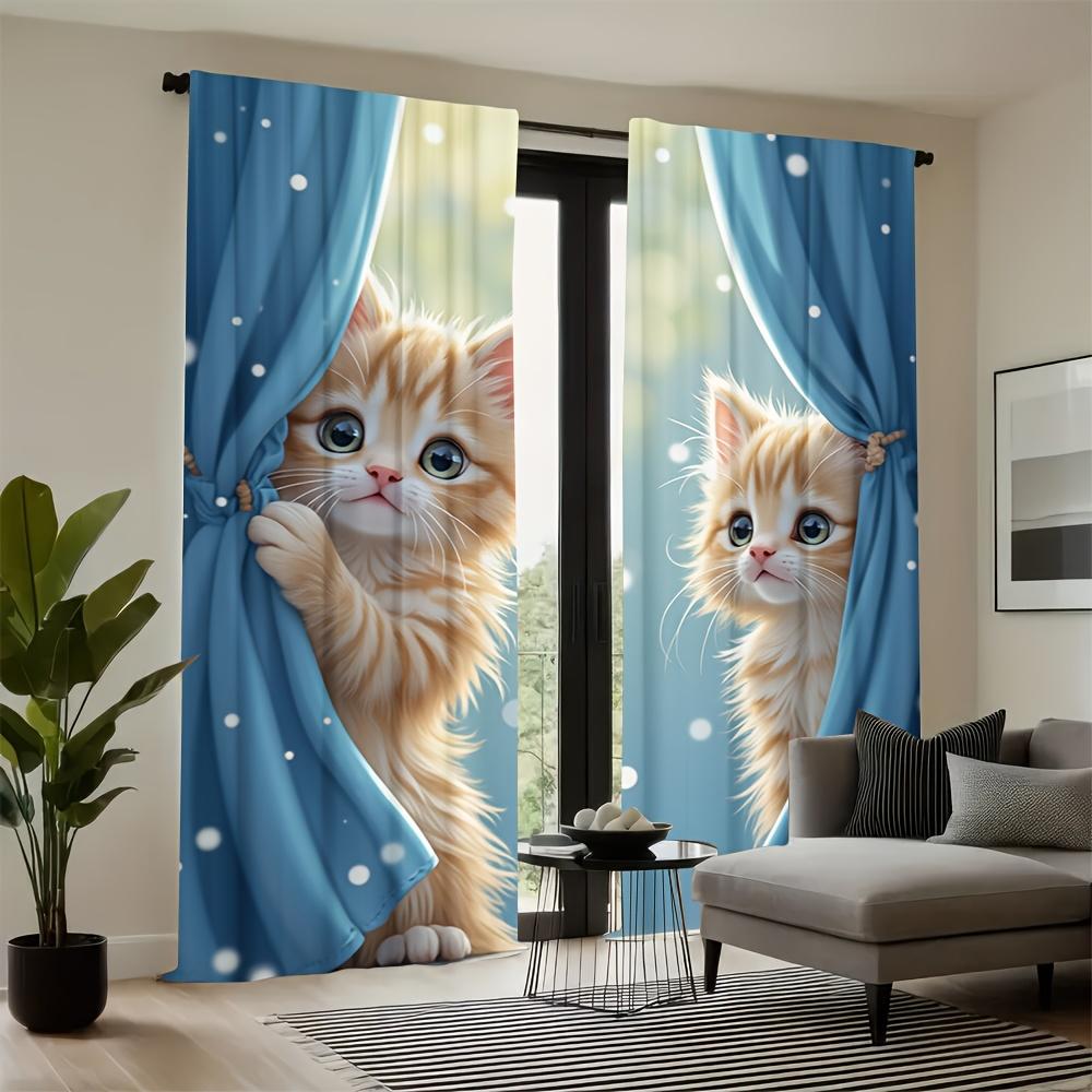 Set Of 2 Adorable Ginger Cat Print Curtains Easy Hang Living Room Bedroom Made Polyester Machine Washable Sitting Window Treatment
