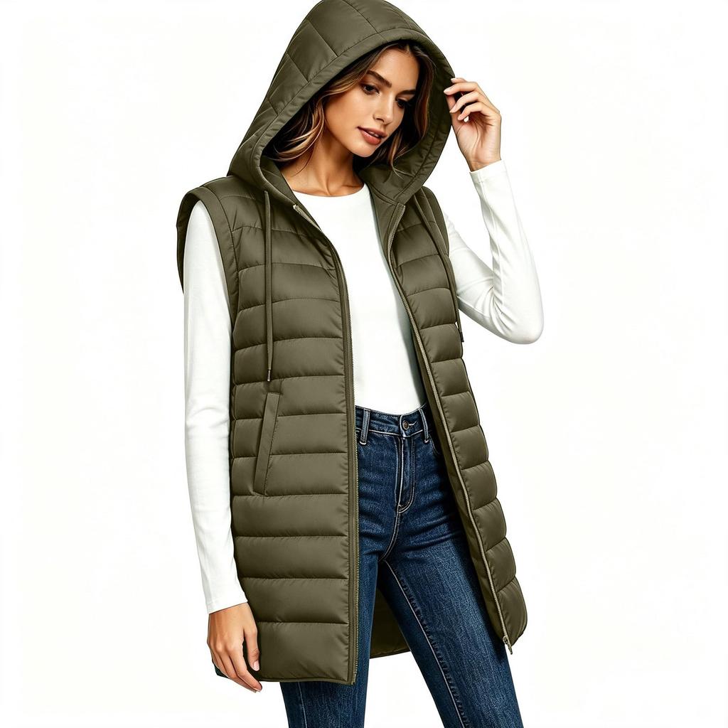 Women's Casual Long Hooded Sleeveless Quilted Vest