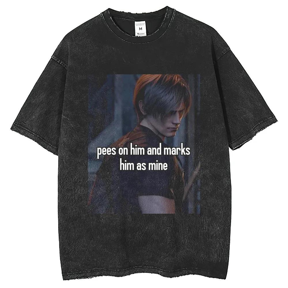 Game Leon S Kennedy Portrait Printed Short Sleeve T Shirt Harajuku Summer Vintage Wash Cotton Mens Loose Round Clothing