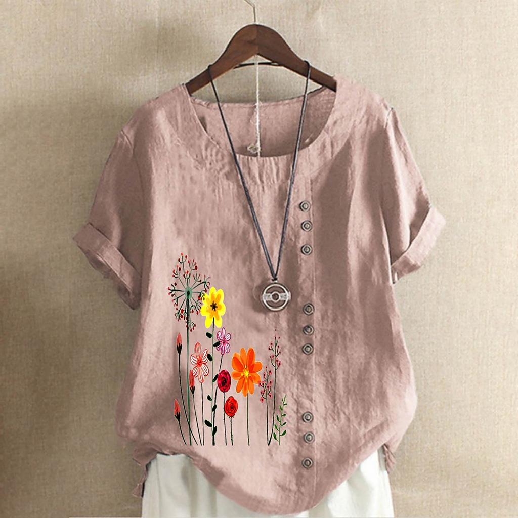 Women's Fashion Loose Cotton And Linen Short Sleeve Printed Temperament Crewneck Top