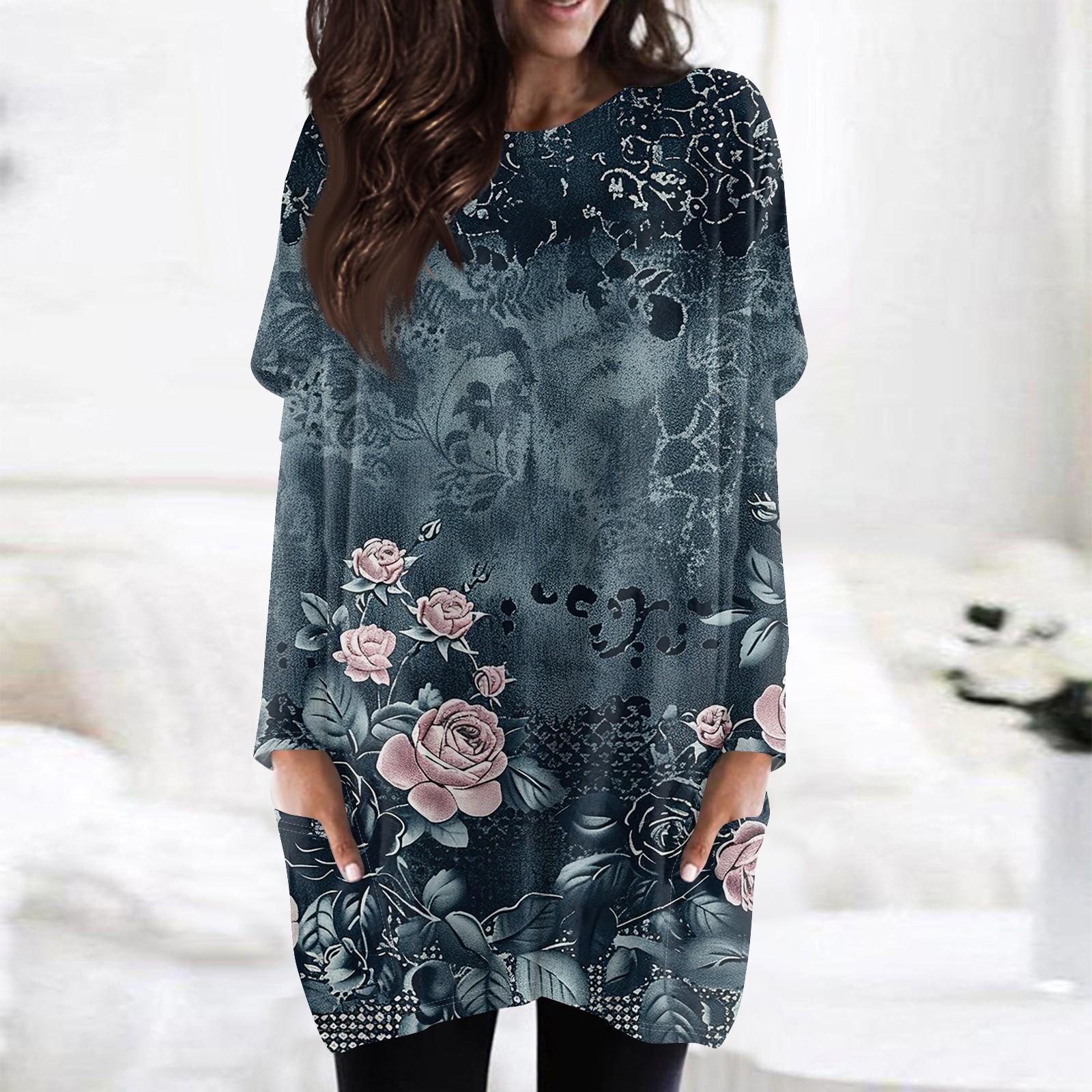 

Женская модная повседневная футболка с длинным рукавом и принтом, круглым вырезом и двойным карманом, топ XL тёмно-синий