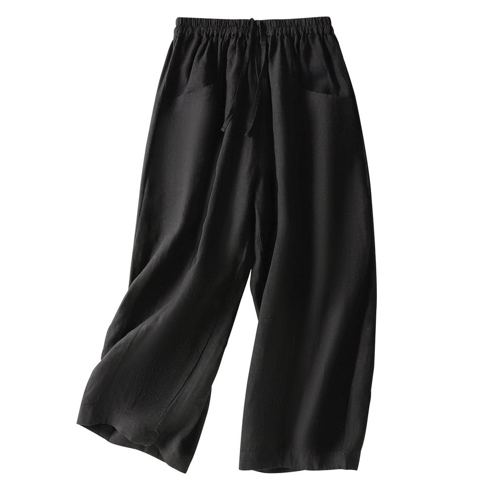 2025 Summer New Large Size Literary Solid Color Cotton and Linen Wide-leg Pants Women's Loose and Thin Elastic Waist Nine-point Casual Pants