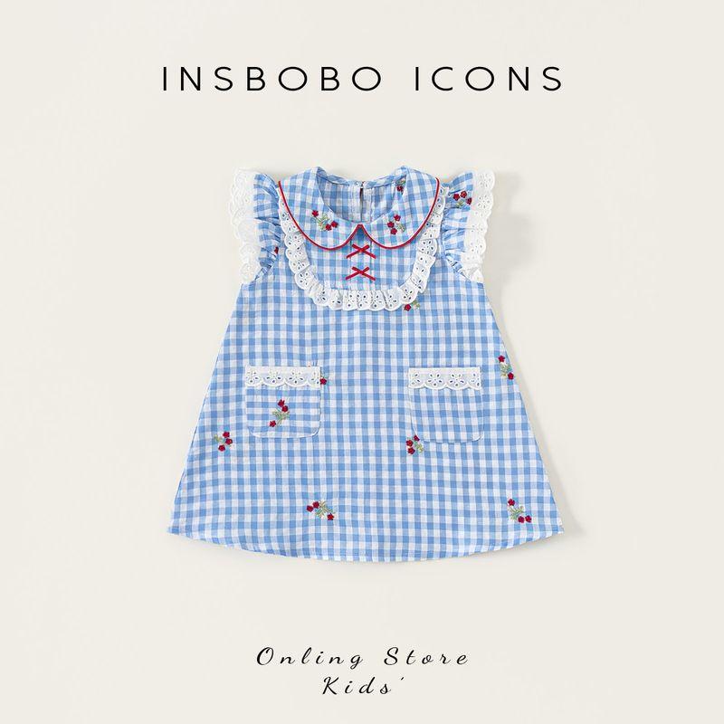 Insbobo Girls  Dress 2026 Summer New Style Baby Girl Flutter Sleeve Dress Children s Dress Girls  Beautiful Summer Outfit Blue and White Grid 100