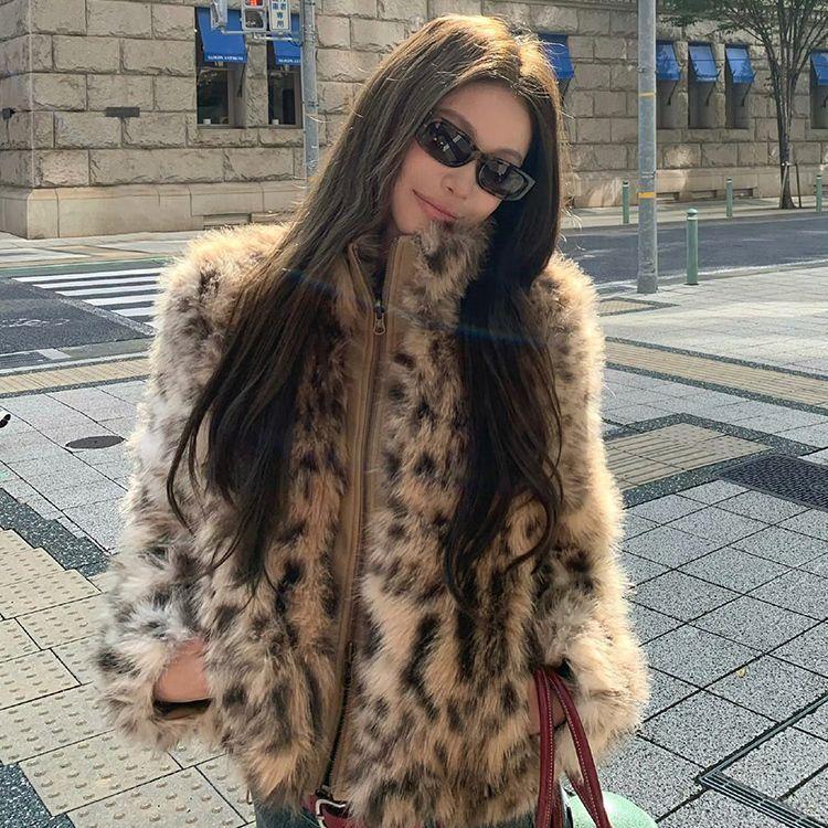 New Gradient Leopard Print Cropped Coat for Women - Thickened Ladies' Overcoat
