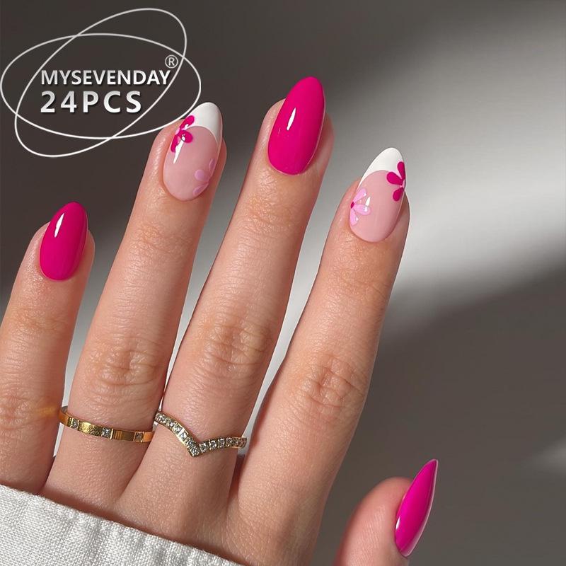 

Набор съемных накладных ногтей с цветочным французским дизайном из 24 штук - Короткие носибельные накладные ногти UV Gel Glue Set