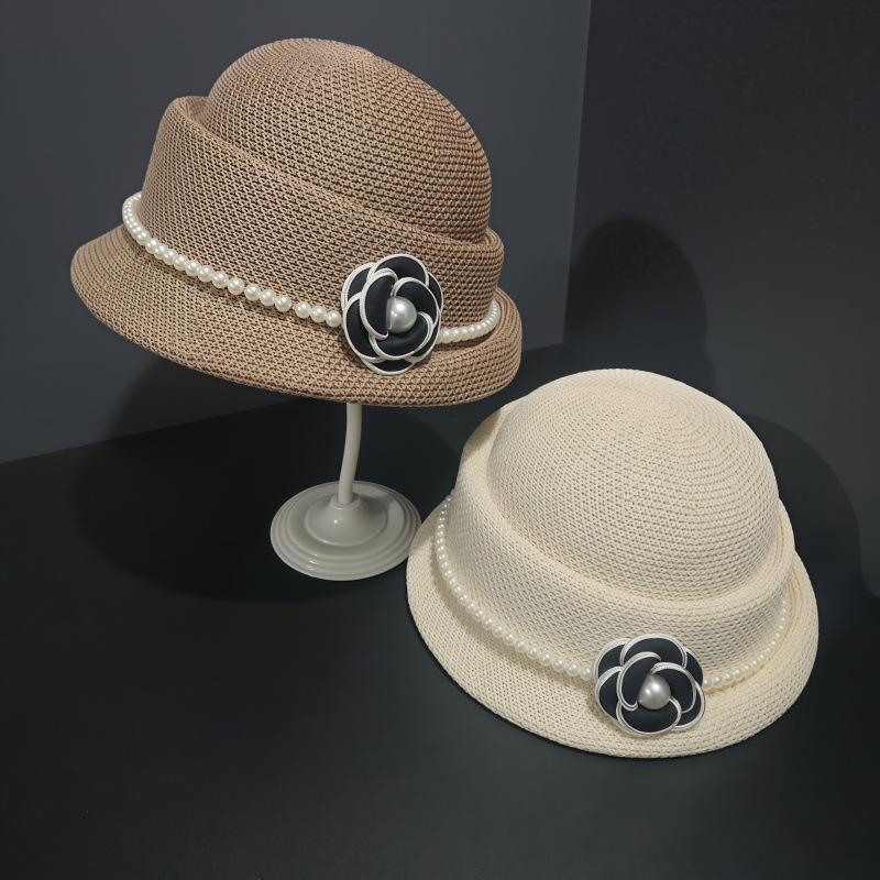 Hepburn Camellia Pearl Top Hat Women's Summer French Retro Elegant Curled Beret Small Bucket Hat