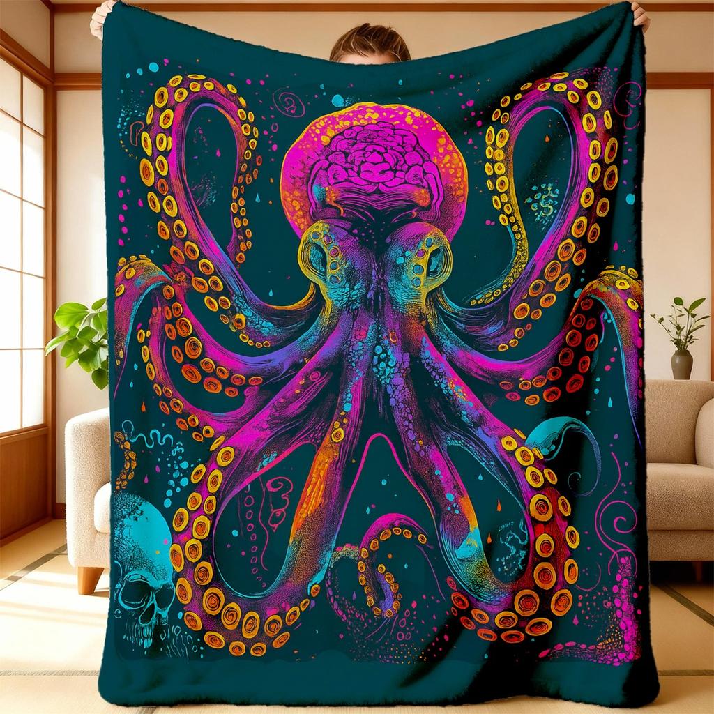 Super Soft 280GSM Flannel Blanket, Featuring an Octopus and Squid Tentacle Design, Glow-in-the-dark, Gothic Ocean Theme, Suitabl