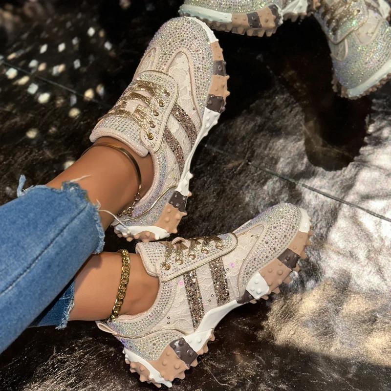 Fashion Breathable Casual Sporty Women's Single Shoes Spring Autumn Thick Bottom Leisure Sports Water Diamond Mesh Shoes Dad Sneakers