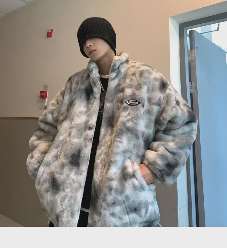 Men's Tie-Dye Lambswool Jacket - Warm, Loose, Cotton-Padded, Velvet-Enhanced Winter Coat