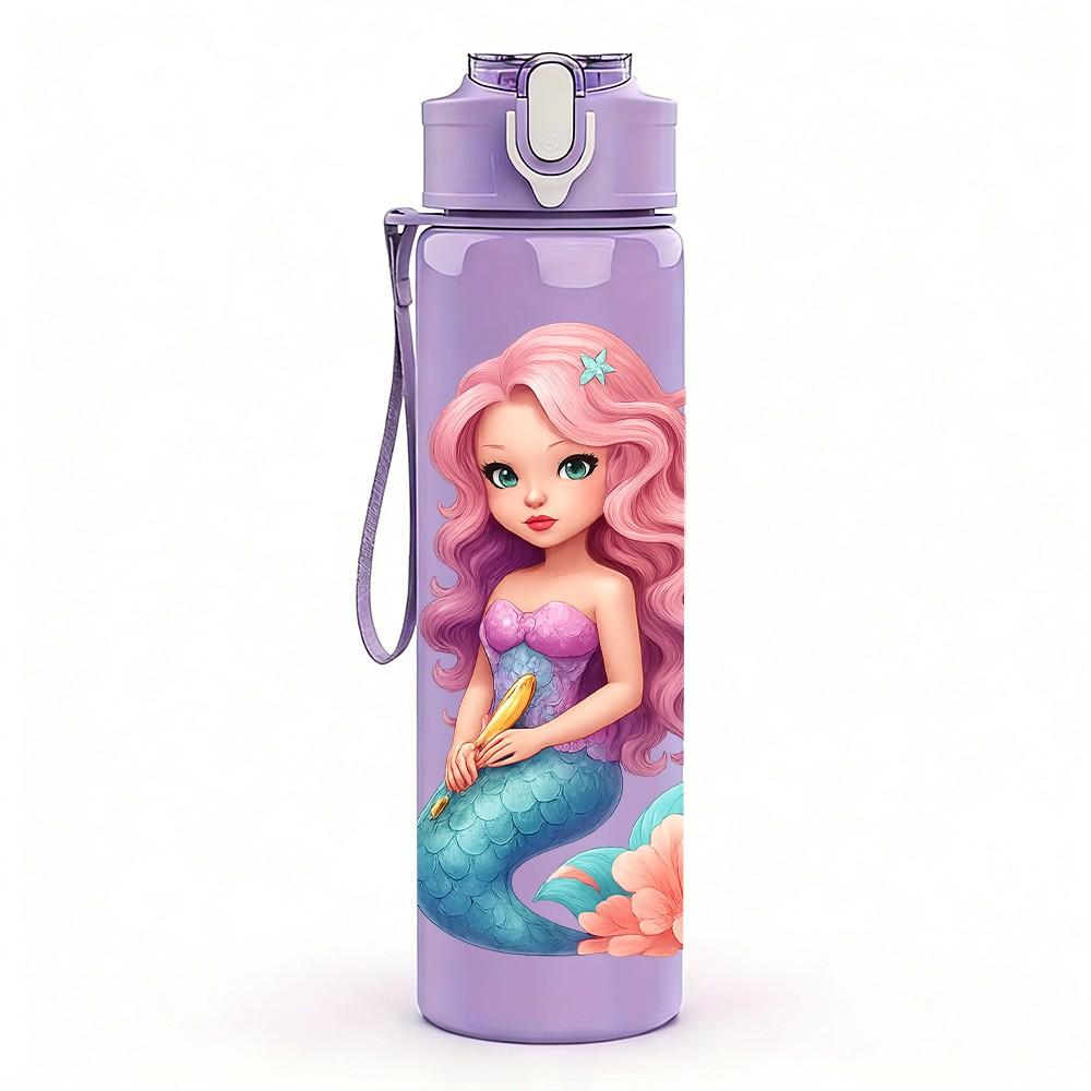 1pz Sirena Oceano Cartone Animato Arte 750ml Colore Plastica Borraccia Sportiva Tappo a Vite con Cannuccia Anti-perdita Adatta per Sport Ufficio Uso Domestico