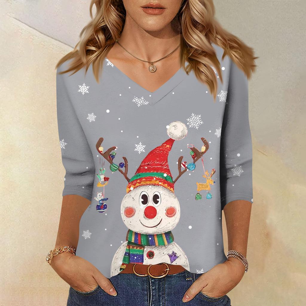 3/4 Sleeve Shirts For Women Print Christmas Tees Blouses Casual Plus Size Basic Tops Pullover