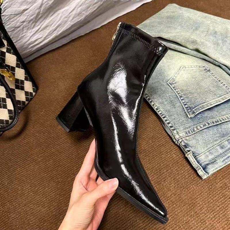 Fall Winter Square Head Patent Leather High Heels Thi Heel Slim Ort Boot Women Faion Boots Waterproof Platform Ortie