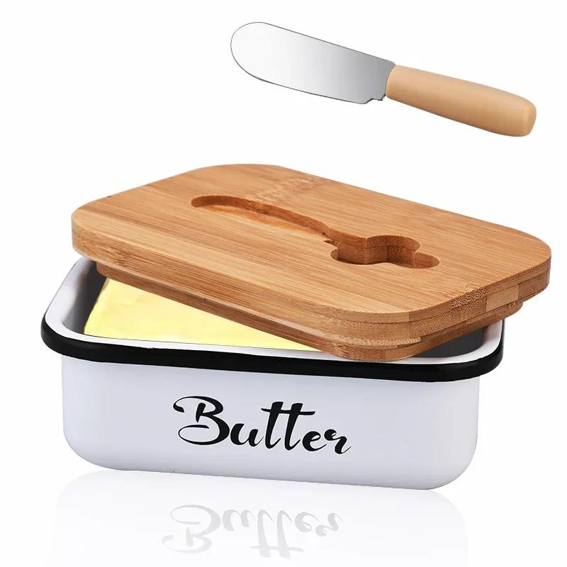 Rectangular Butter Dish with Bamboo Lid Butter Seal Storage Container Box Cheese Box with Knife Butter Slicer Fresh-keeping box