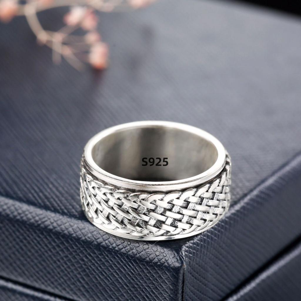 Simplicity Vintage S925 Silver Rings for Men Women Fashion Personality Rotatable Woven Pattern Jewelry Gift