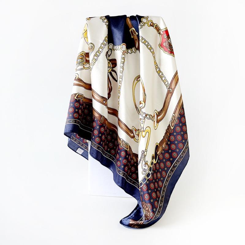 Versatile chain 90cm silk scarf square scarf high-end women's shawl retro printing satin bag headscarf
