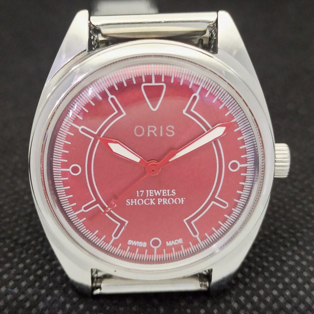 VINTAGE ORIS AUFZUG SCHWEIZER HERREN ÜBERHOLT ROTES Armbanduhr 558b-a296772-1