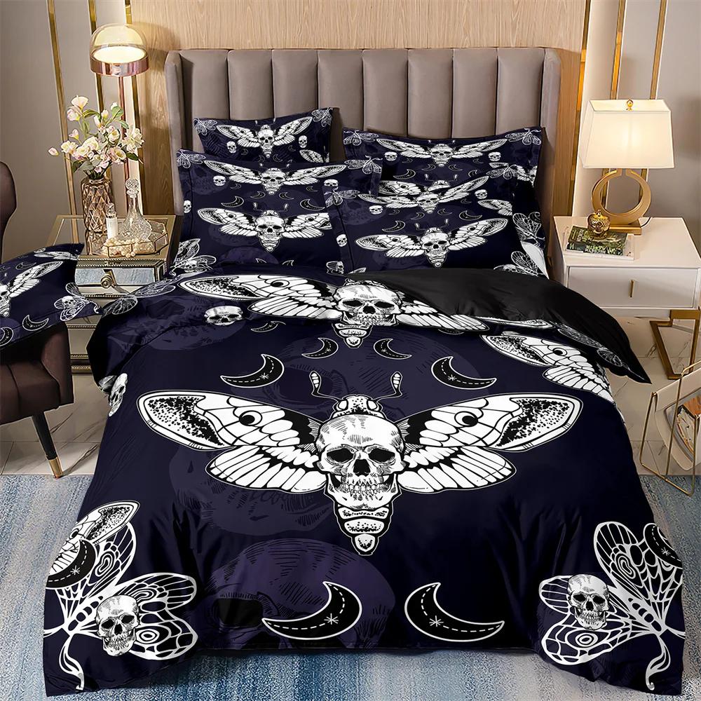 Luxury Black Bedding Set With Galaxy Print, Galaxy Duvet Cover, Galaxy, Starry Sky, Butterfly, Skull, Moth,Halloween Quilt Sets