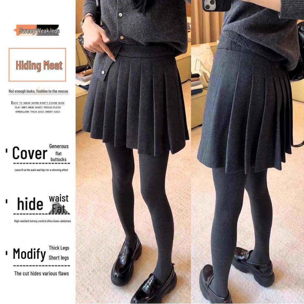 Plus Size Grey Wool-Blend A-Line Pleated Skirt – High Waist, Slimming, Short for Petite Chubby Women, Spring/Autumn