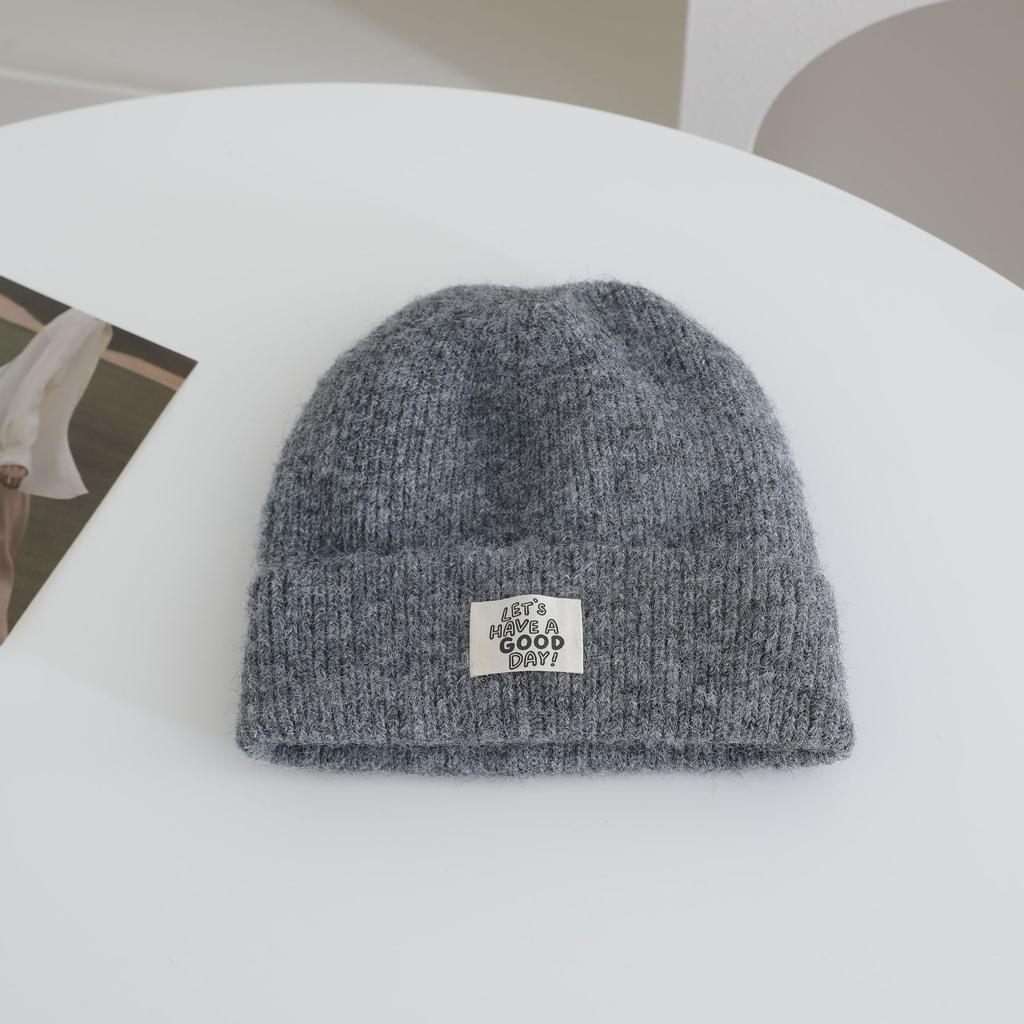 Simple Letter Pattern Labeling Knitted Hat for Women In Autumn and Winter New Thickened Warm and Cold Hat Showing Face Small Ear Protection Hat