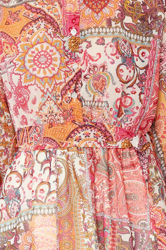 Women's Style Dress Orange Flower Patterned Shirt Collar Mini Lined Chiffon Woven Dress