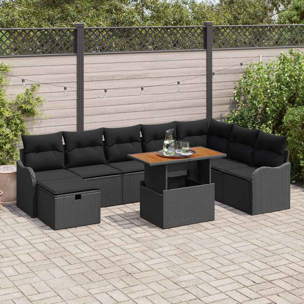 Garden Sofa Set with Cushions 9 pcs Black Poly Rattan