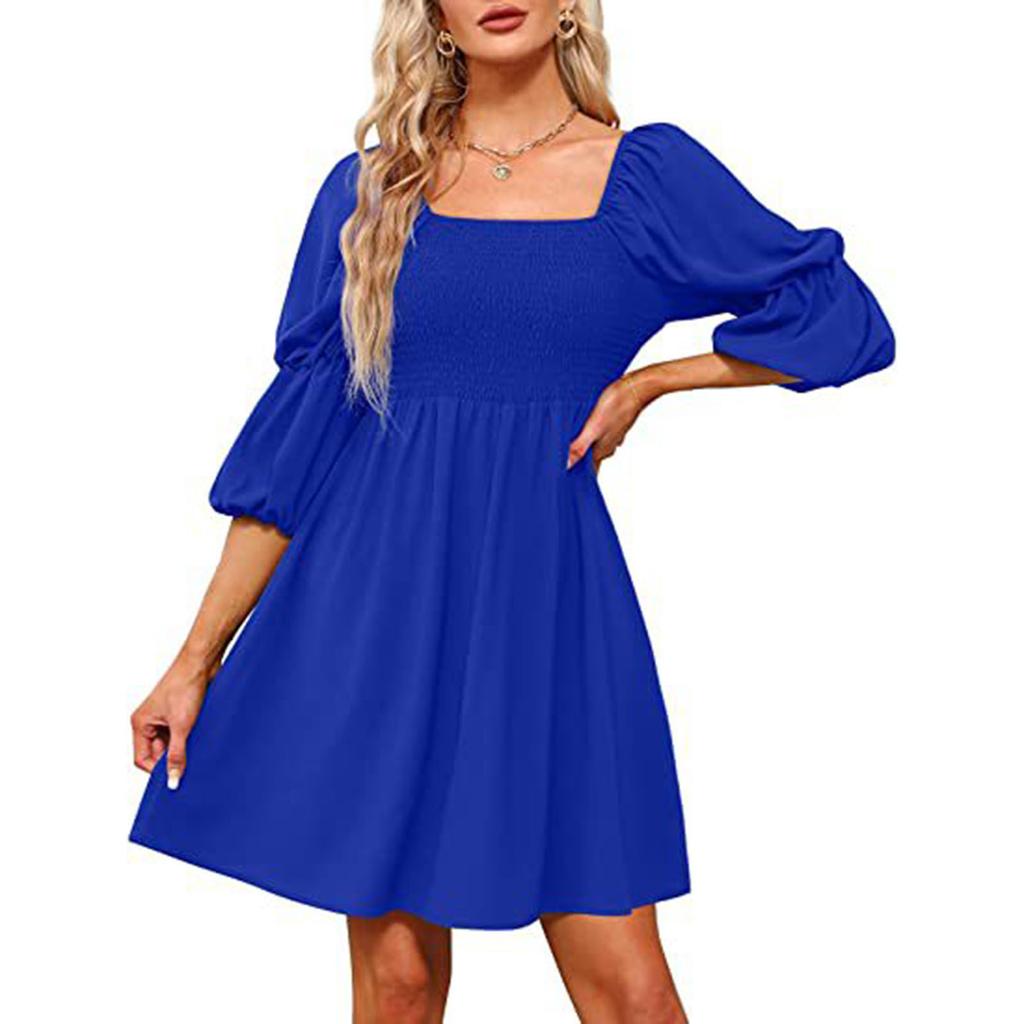 Women's Fashion Square Neck Puff Sleeve Pleated Backless Dress