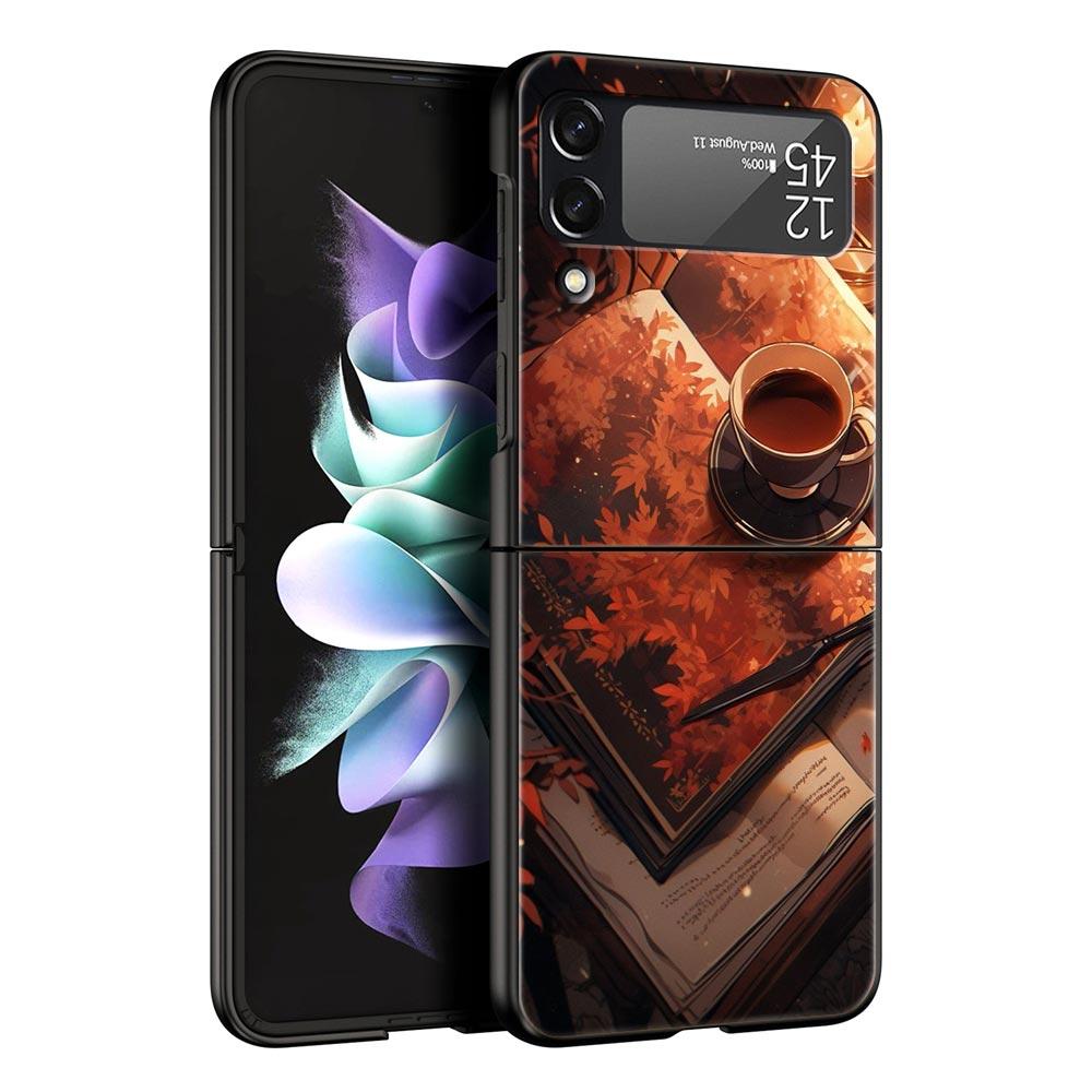 Pumpkin Autumn Leaves Coffee Hard PC Phone Case For Samsung Galaxy Z Flip 7 6 5 4 Black Cover For Galaxy Z Flip 3 Foldable Shell