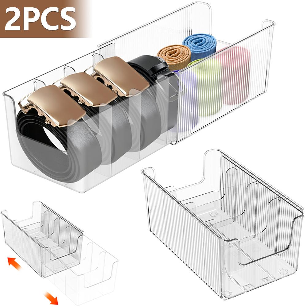 2Pcs Belt Organizer Boxes PET Transparent Belt Storage Holder with Removable Dividers 4 Grid Extendable Belt Container for Home