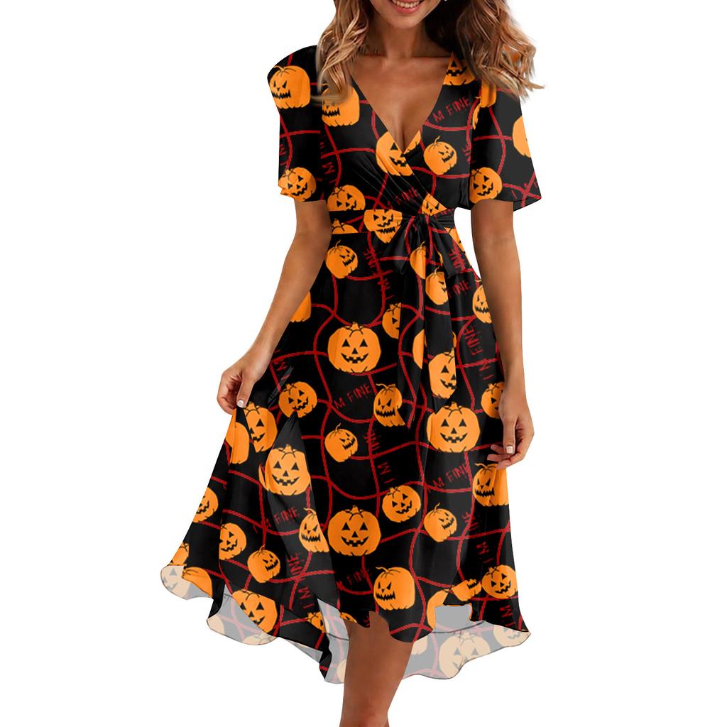 Women Casual V Neck Short Sleeve Halloween Print Dress Midi Length Relaxed Fit Lightweight Fabric Summer Dress