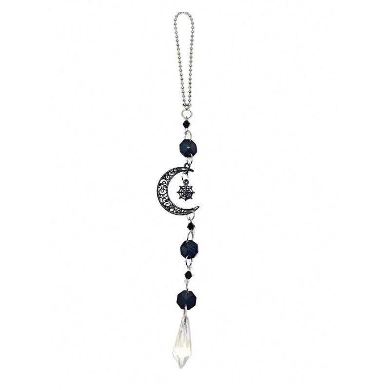 2PC Halloween Gothic Car Rearview Mirror Hanging Ornament Black Moon Spider Web Crystal Suncatcher For Car Interior Decoration