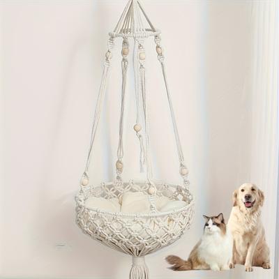 1pcs Bohemian Handwoven Cotton Rope Cat Hammock - Hanging Rattan Bed for Indoor Cats  Pet Basket with Macrame Design
