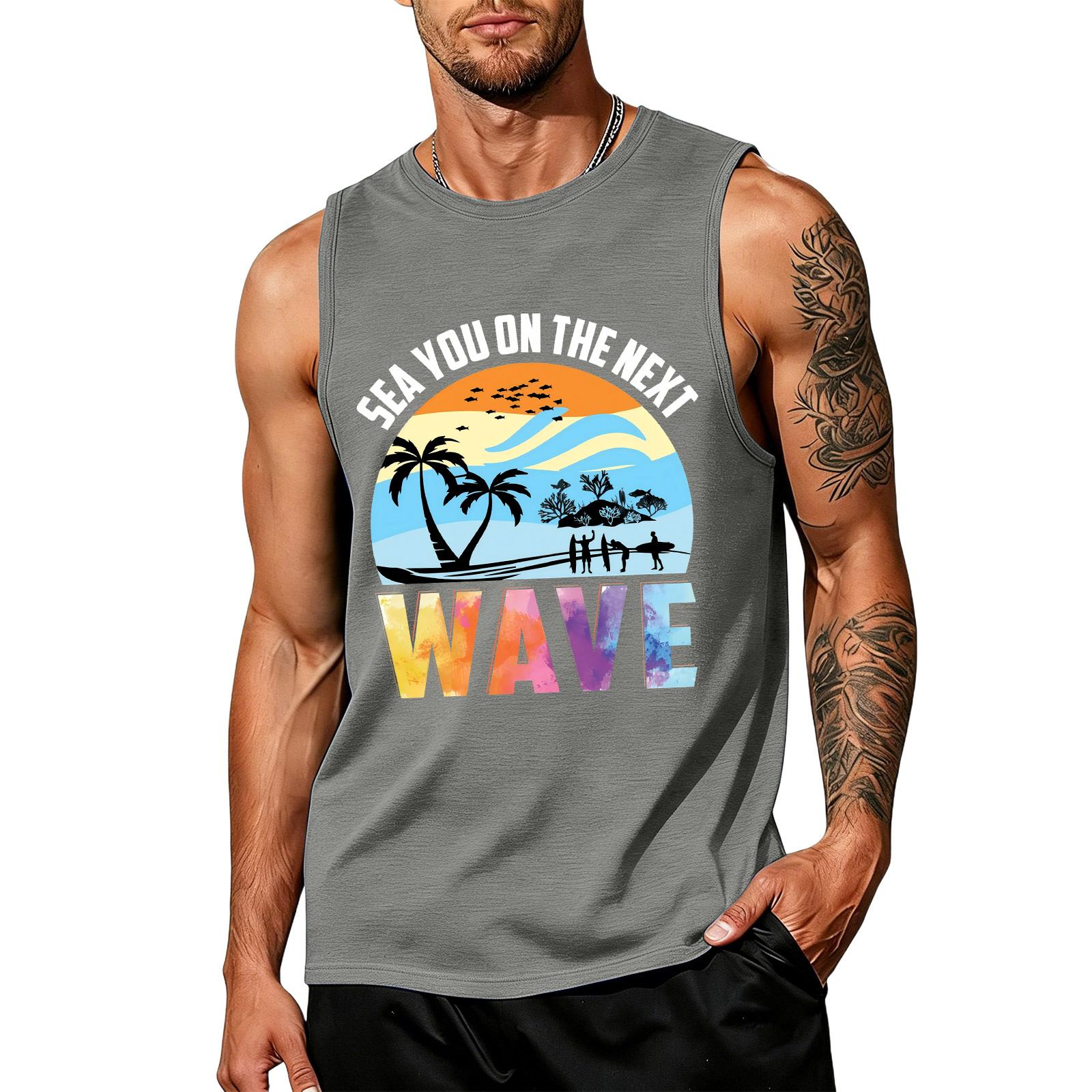 

Mens Sleeveless Tank Top Crew Neck Casual Fit Surfer Print Lightweight Summer Beach Shirt for Outdoor Sports Fitness XXXL