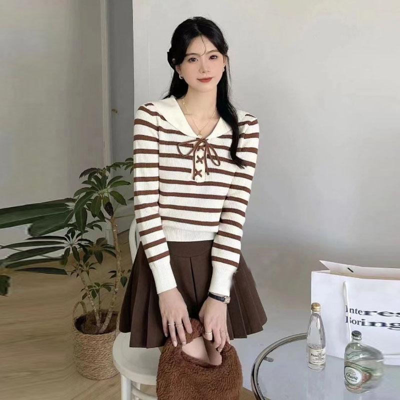 

Вязаный свитер для женщин на осень и зиму, корейский милый женский свитер с длинными рукавами и темпераментом, полосатый пуловер, женские топы